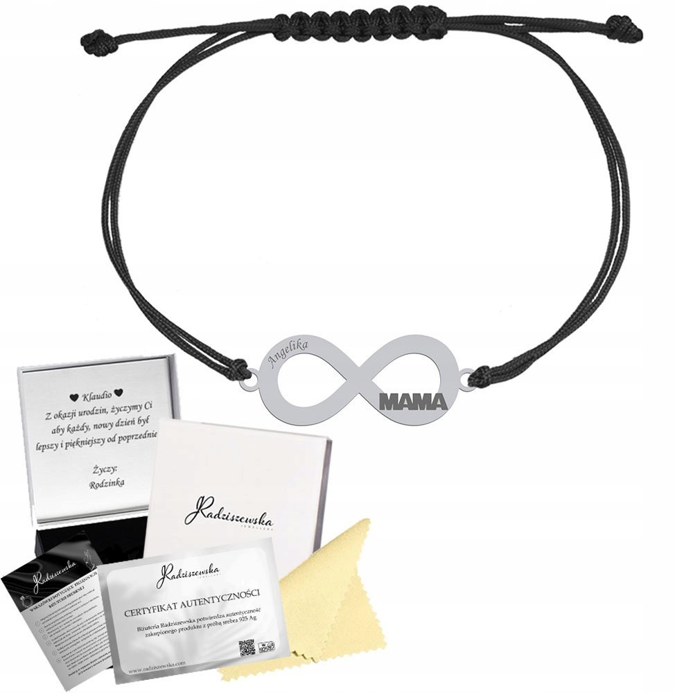 Bransoletka Srebrna dla Mamy Nieskończoność Srebro 925 Grawer Sznurek