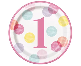 Talerzyki Papierowe First Birthday,Różowe Grochy, 23 Cm, 8 Szt. (Plastic-Free) - Dekoracje i nakrycia stołu na imprezę - miniaturka - grafika 1