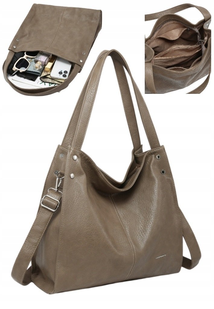 Pojemna Torebka Shopperka Damska na Ramię LUIGISANTO Format A4 Ciemny Beż