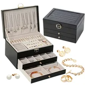 Pudełka i szkatułki - Szkatułka na biżuterię czarna organizer z szufladkami 3 poziomy 23x17x13,5 cm skóra eco - miniaturka - grafika 1