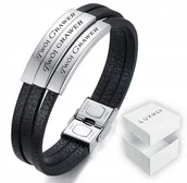 Bransolety męskie - BRANSOLETKA MĘSKA Z GRAWEREM SKÓRZANA SREBRNA STAL - miniaturka - grafika 1