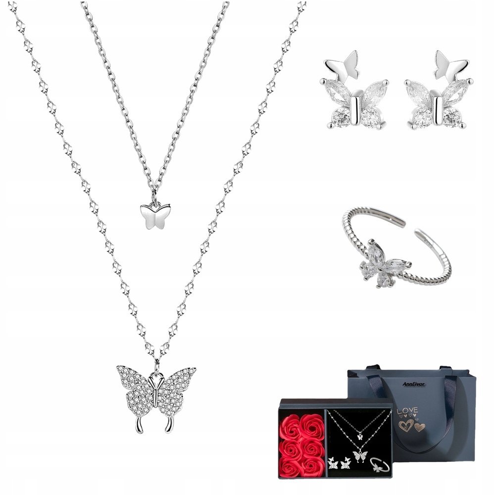 Zestaw Damski Srebrny Motylki 925 Diamentowe Kryształki Komplet Na Prezent