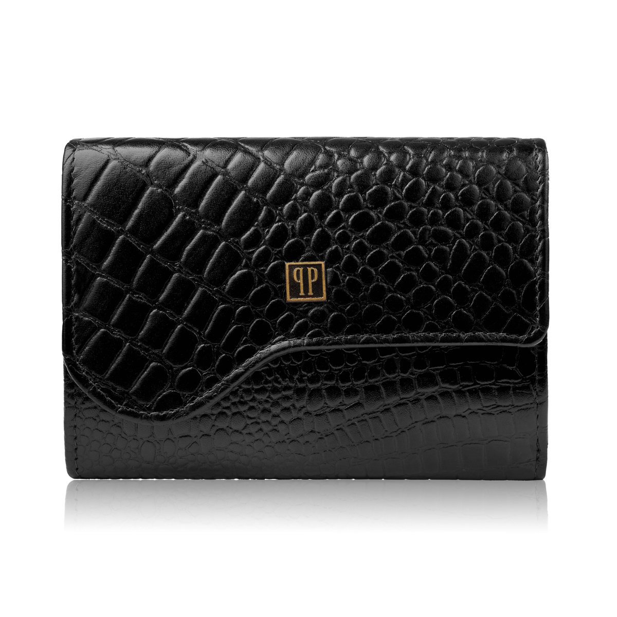 Portfel damski skórzany mały czarny croco w orientacji poziomej z ochroną RFID T-135-BL