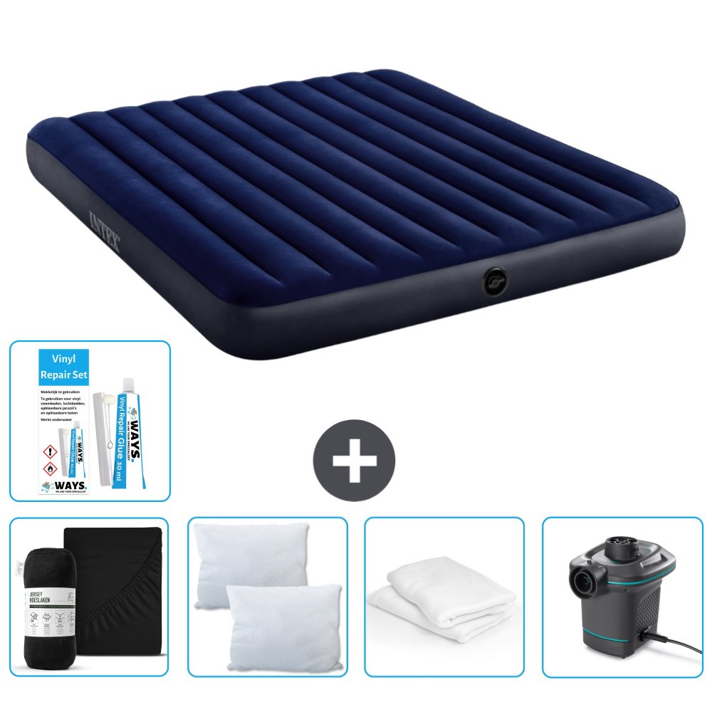 Dmuchane łóżko Intex - 2 osoby - 183 x 203 x 25 cm - niebieskie - w zestawie prześcieradło - buziak - pompka - zestaw naprawczy en ochraniacz na poduszkę