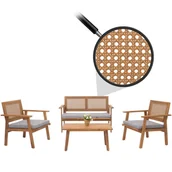 Meble ogrodowe - Zestaw ogrodowy HWC-N46, zestaw wypoczynkowy do ogrodu ławka fotel stół, drewno akacjowe z certyfikatem MVG ~ poduszki szare - miniaturka - grafika 1