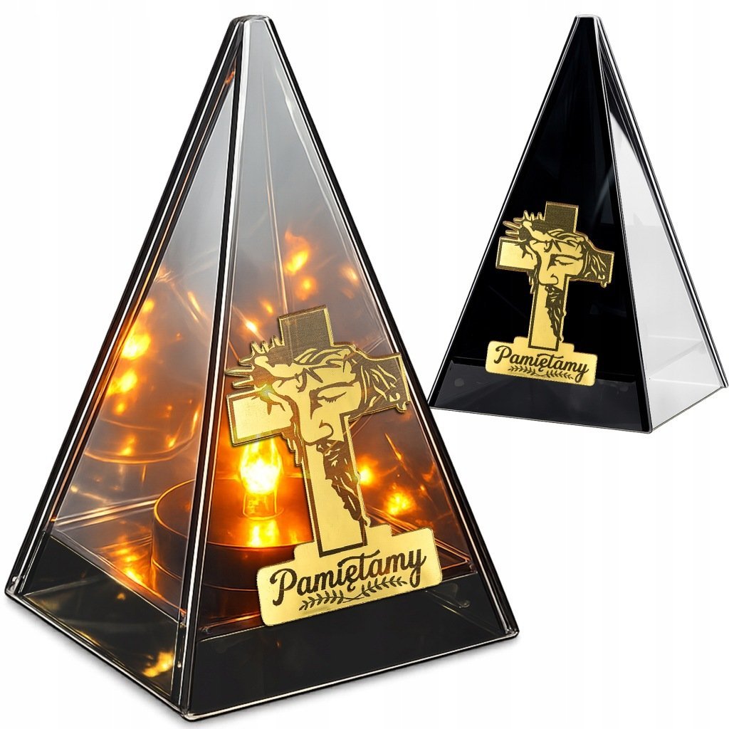 ZNICZ LED efekt płomienia LAMPION na GRÓB cmentarz SZKLANY Z KRZYŻEM