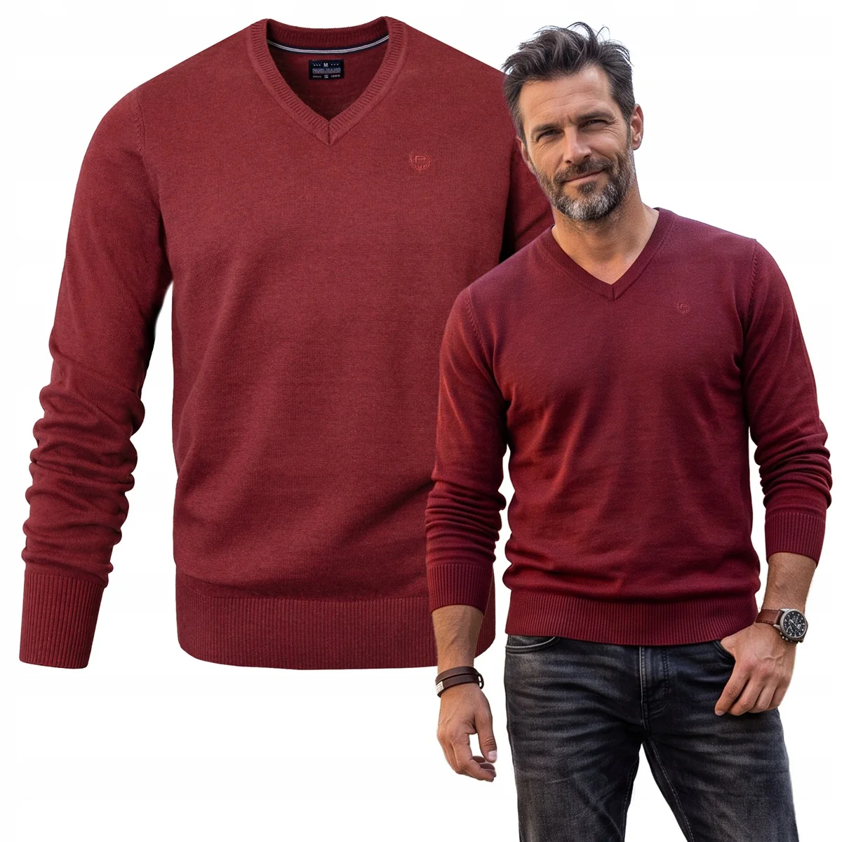 Elegancki SWETER Męski w Serek Bawełniany Basic BORDOWY Pako Jeans Elegancki SWETER Męski w Serek Bawełniany Basic BORDOWY M Pako Jeans