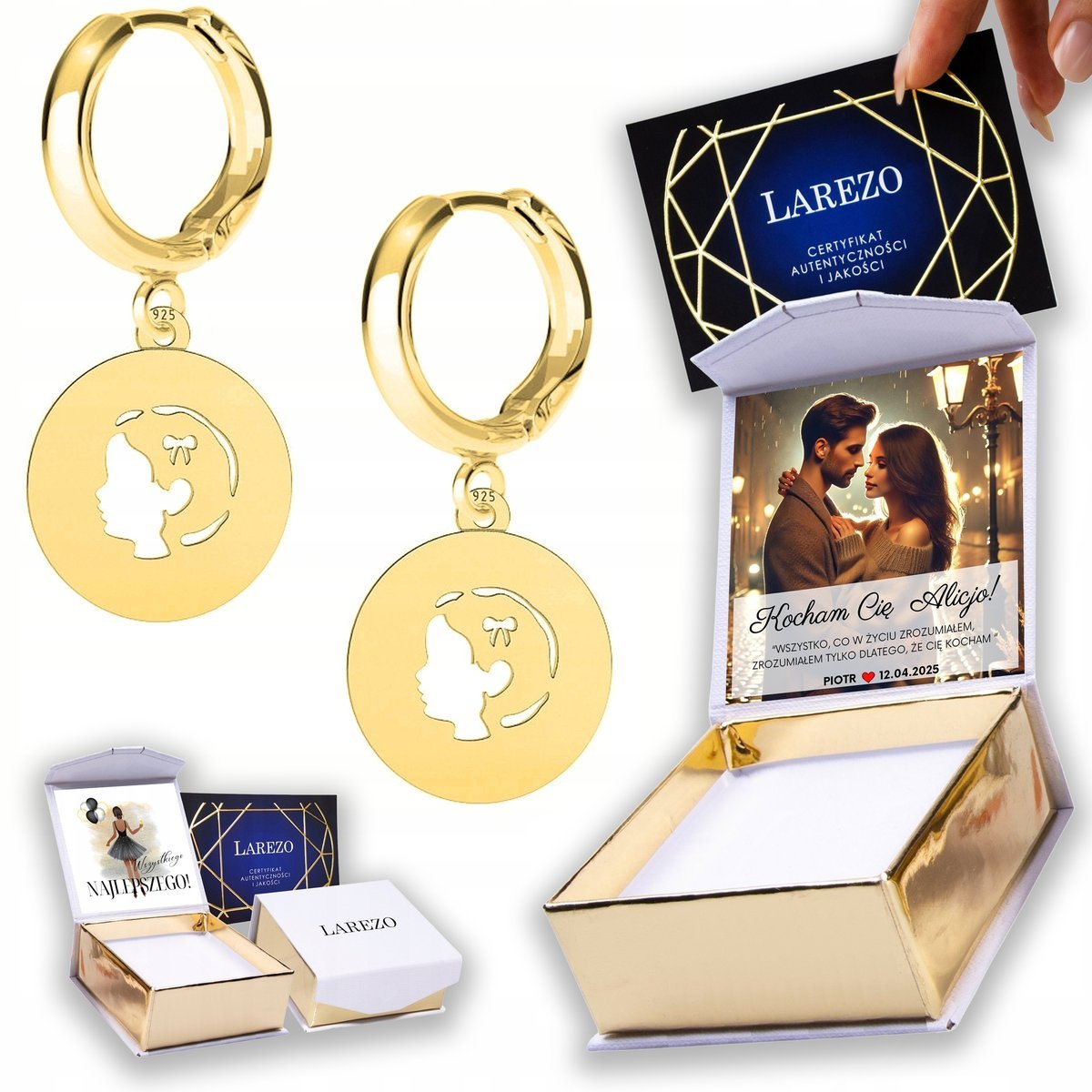 Złote Kolczyki 925 Dziewczynki Rodzina Family Okrągłe Blaszki NADRUK