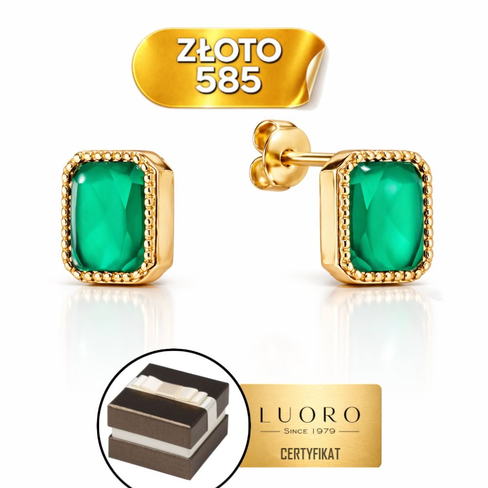 KOLCZYKI ZŁOTE 585 14K PROSTOKĄTY ZIELONY AGAT SZTYFT 8,2 CM ELEGANCKIE