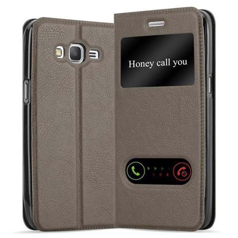 Etui Cadorabo do Samsung Galaxy GRAND PRIME w kolorze STONE BROWN Etui na telefon komórkowy z magnetycznym zamknięciem, funkcją podstawki i 2 okienkami do podglądu Etui Etui ochronne Etui z klapką w stylu książki
