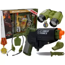 Import LEANToys Zestaw Wojskowy z Akcesoriami Pistolet Nóż Lornetka Słuchawki Gwizdek Krótkofalówka Ciemnozielony LT-7865-0 - Zabawki militarne - miniaturka - grafika 1