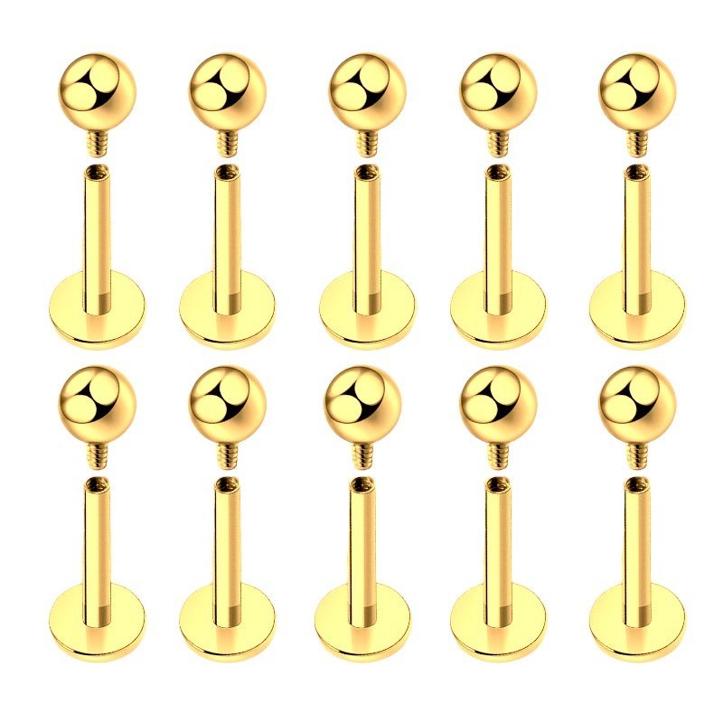 Kolczyk PIERCING Labret Tytanowy Złoty, gwint wew. ZESTAW 10 Sztuk 1,2/12/3
