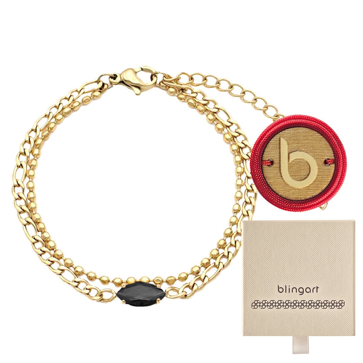 Bransoletka damska pozłacana kamień czarny stal chirurgiczna BLINGART