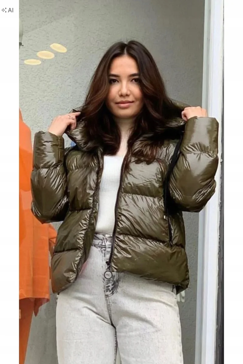 BŁYSZCZĄCA PIKOWANA KURTKA DAMSKA W STYLU OVERSIZE L 5IA