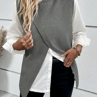 Swetry damskie - TEMU Sweter damski casual 2025 Jesień/, luźny, wygodny, z rozcięciem z przodu, jednokolorowy szary, okrągły dekolt, długi rękaw, pulower - miniaturka - grafika 1