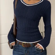 Swetry damskie - TEMU Damski Casualowy Sweter z Kontrastowym Wykończeniem, Dekolt w Serek i Długie Rękawy – Prosty Top na Codzienność do Szkoły Jesią I Zimą - miniaturka - grafika 1