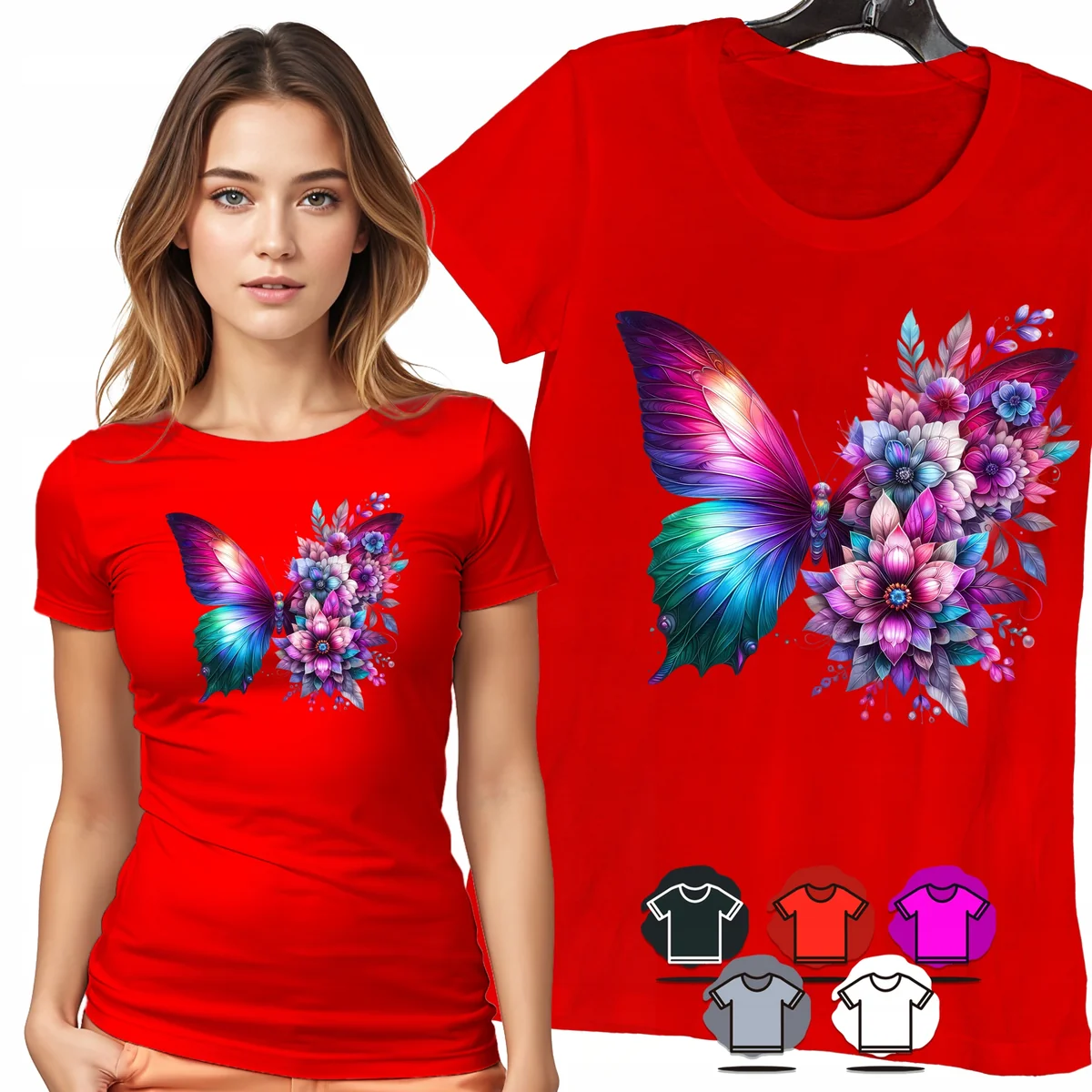 KOSZULKA DAMSKA T-SHIRT - MOTYL TĘCZOWY BUKIET KWIATÓW WZÓR DLA NIEJ - XS