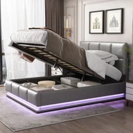 Łóżka - Łóżko tapicerowane Fortuna-Lai 140x200 cm z oświetleniem LED, hydraulicznie podnoszony schowek na pościel, podstawa łóżka z imitacji skóry łóżko podwójne dla dorosłych łóżko młodzieżowe, szare - miniaturka - grafika 1