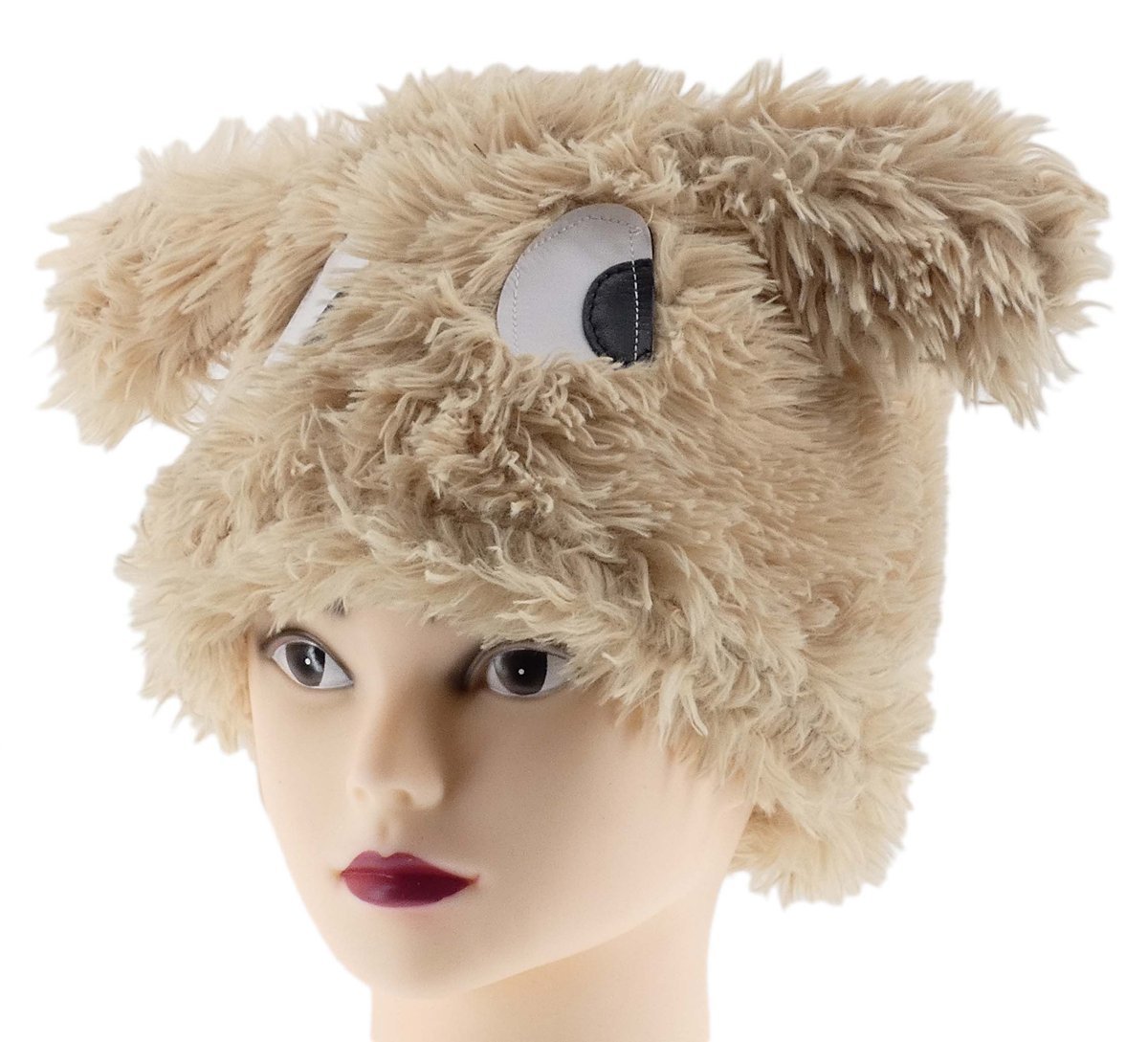 Ciepła Zimowa Czapka Kobieca Z Futerkiem Eco Ecru Mordka Duże Oczy Na Stok