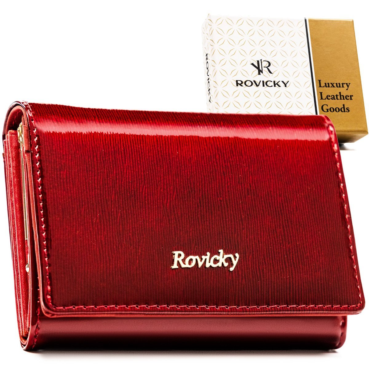 Mały portfel damski skórzany ROVICKY elegancki lakierowany rfid stop na zatrzask czerwony