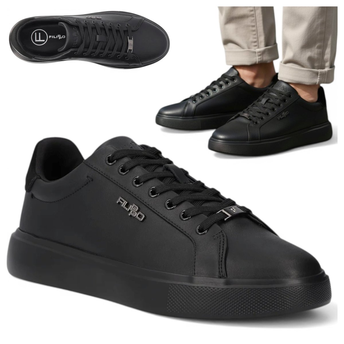 Męskie Sneakersy SKÓRZANE FILIPPO Wygodne Półbuty Sportowe Czarne 42