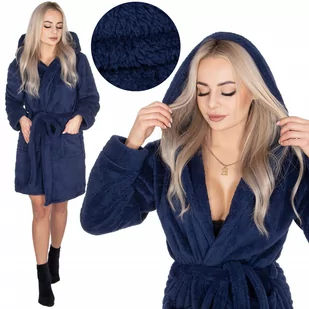 Szlafrok damski z kapturem i paskiem rozm. L/XL polarowy granatowy - Szlafroki damskie - miniaturka - grafika 1