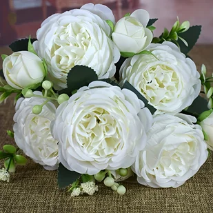 TEMU 9 Realistycznych Sztuczne Piwonie i Perskie Róże Bukiet - Eleganckie Duże Kwiaty w Kolorze Białym z Zielonym Liściastem, Naturalnie Wyglądające - Sztuczne kwiaty - miniaturka - grafika 1