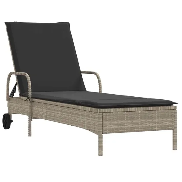 Leżak ogrodowy z kółkami jasnoszary, rattan PE, 61 x 200 x 48 cm