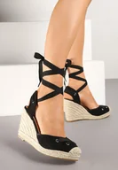 Sandały damskie - Czarne Sandały Espadryle na Plecionym Koturnie z Wiązaniem Wokół Kostki Adivnia - miniaturka - grafika 1