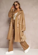 Płaszcze damskie - Beżowy Dwurzędowy Płaszcz z Imitacji Skóry z Paskiem Dyrine - miniaturka - grafika 1