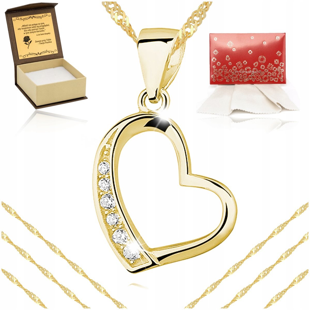 Złoty Naszyjnik Serce Pozłacany Z Cyrkoniami Srebro 925/585 Prezent+Grawer