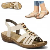 Sandały damskie - Płaskie Sandały Damskie Eleganckie 39 RIEKER Wsuwane Wygodne Beżowe modne - miniaturka - grafika 1