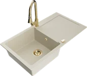 Zlewozmywaki z baterią - Mexen Leo zlewozmywak granitowy 1-komorowy z ociekaczem i baterią kuchenną Elia, beżowy - 6501-69-670101-50 - miniaturka - grafika 1