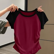 Bluzki damskie - TEMU Damska koszulka casualowa z kontrastowym wstawieniem na ramieniu - miękki poliester, okrągły dekolt, boczne marszczki w talii, jednokolorowy - miniaturka - grafika 1