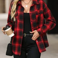 Koszule damskie - TEMU Bluzka Damska Elegancka w Czerwono-Czarną Kratę - Koszula z Długim Rękawem i Klasycznym Kołnierzykiem, Nieelastyczna do Biura i Codziennego - miniaturka - grafika 1