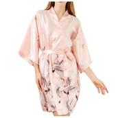 Bielizna nocna - Szlafrok damski satynowy w żurawie - XL - miniaturka - grafika 1