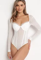Body - Białe Gorsetowe Body Siateczkowe z Ozdobną Falbanką Przy Dekolcie Laneta - miniaturka - grafika 1