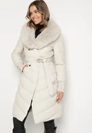 Kurtki damskie - Biała Elegancka Kurtka z Pikowanymi Przeszyciami i Futrzanym Kołnierzem Gallea - miniaturka - grafika 1