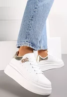 Sneakersy damskie - Biało-Złote Sznurowane Sneakersy na Platformie z Aplikacją przy Sznurówkach Khirlie - miniaturka - grafika 1