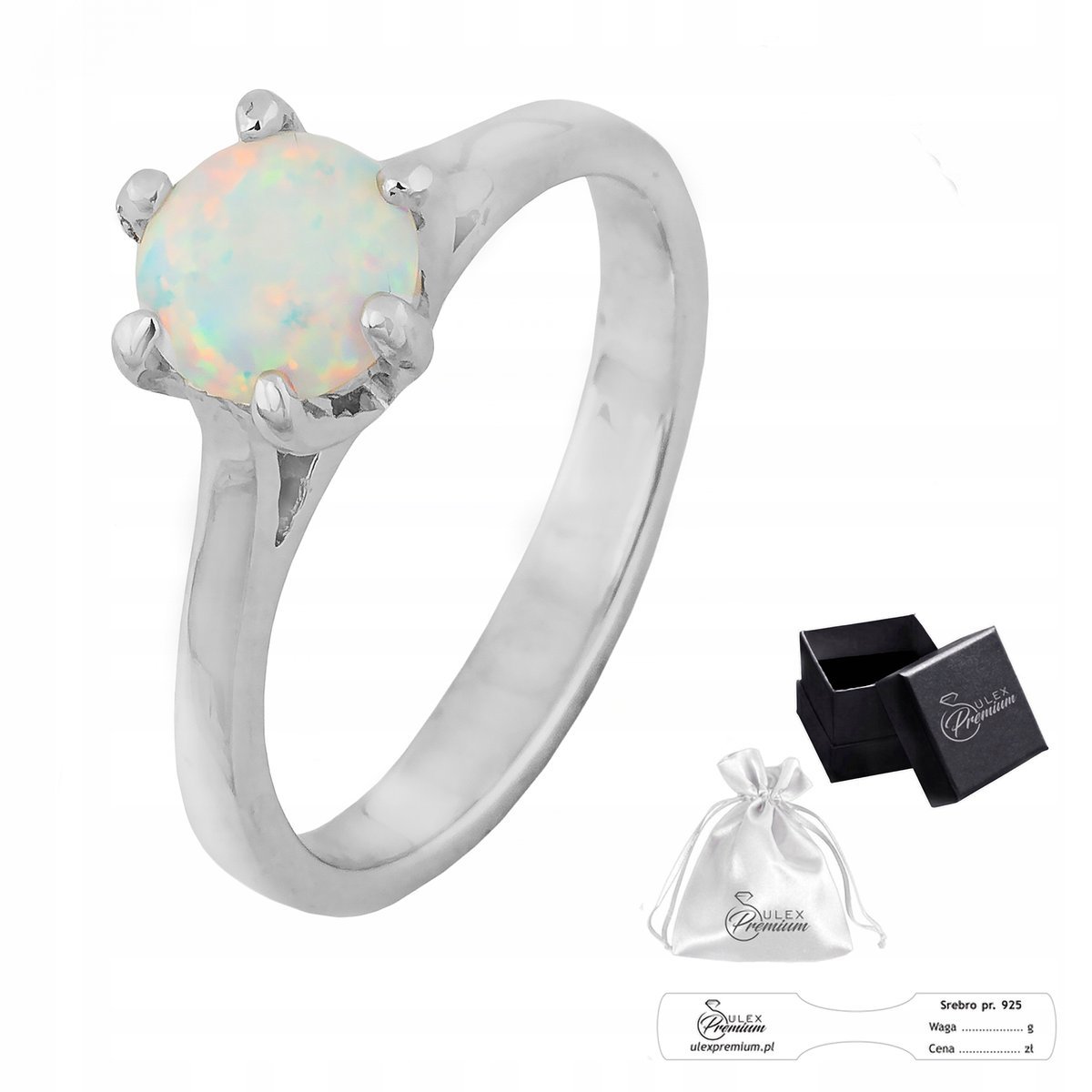 Opal Pierścionek Srebrny pr. 925 Elegancki z Białym Opalem dla Niej r. 11