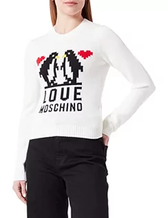 Swetry damskie - Love Moschino Damski sweter Slim Fit Long Sleeved with Love Penguins żakardowy Intarsia Pullover Sweater, biały, 46 - grafika 1