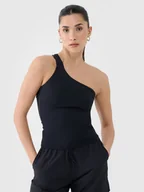 Koszulki i topy damskie - Crop-top slim z asymetrycznym ramiączkiem damski 4FRSS25TSLEF222-20S Czarny Roz. S - miniaturka - grafika 1