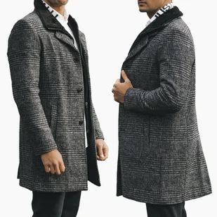 Płaszcz Męski Długi Elegancki Kratka Szary 48 - Płaszcze męskie - miniaturka - grafika 1