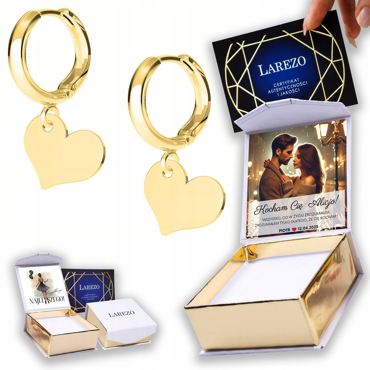 Złote Kolczyki 925 Blaszki Serca Małe Serduszka Heart Miłość NADRUK