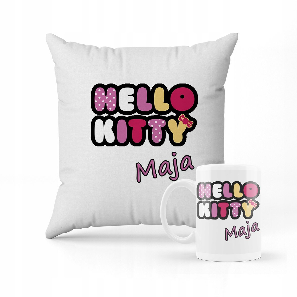 ZESTAW PODUSZKA + KUBEK PREZENT DLA DZIECKA HELLO KITTY KOTEK + IMIĘ #19
