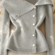 Swetry damskie - TEMU Damski Sweter Jesień Casual Elegancki Delikatny Prosty Jednokolorowy Z Kołnierzykiem Zapinany Na Guziki Dopasowany - miniaturka - grafika 1