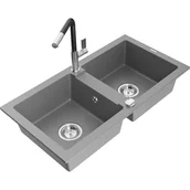 Zlewozmywaki z baterią - Mexen Mario zlewozmywak granitowy 2-komorowy z baterią kuchenną Flora, szary - miniaturka - grafika 1