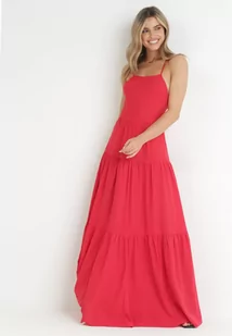 Czerwona Maxi Sukienka na Cienkich Ramiączkach z Wiązaniem na Tyle Ozdobiona Falbankami Beatrics - Sukienki - miniaturka - grafika 1