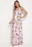 Sukienki - Fioletowa Satynowa Sukienka w Kwiaty Fenaresia - miniaturka - grafika 1