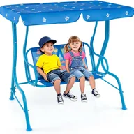 Place zabaw - Huśtawka Ogrodowa dla Dzieci, Huśtawka dla Dzieci 2-Osobowa z Regulowanym Daszkiem i Pasami Bezpieczeństwa, Nośność 80 kg (Niebieski Dinozaur) - miniaturka - grafika 1